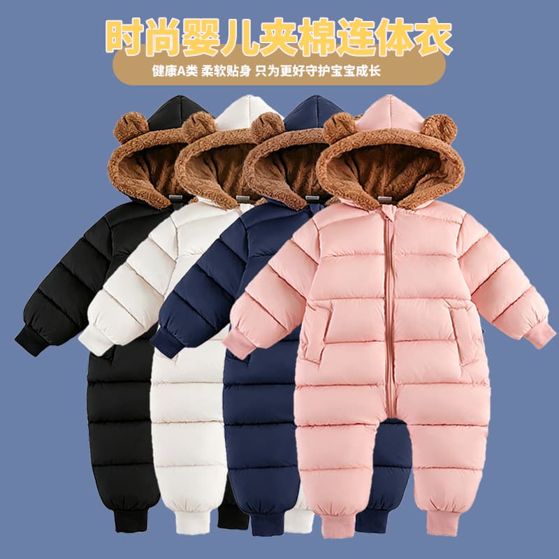 Baby Winter Thickened One-Piece Jumpsuit, Infant Warm Down Cotton Coat, Boys Girls Hooded Romper, Outdoor Fleece-Lined Crawling Suit