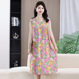 Nightgown for Women, Middle-Aged and Elderly, Cotton Silk Sleeveless Home Dress, Mother's Loose Mid-Length Artificial Cotton Pajamas