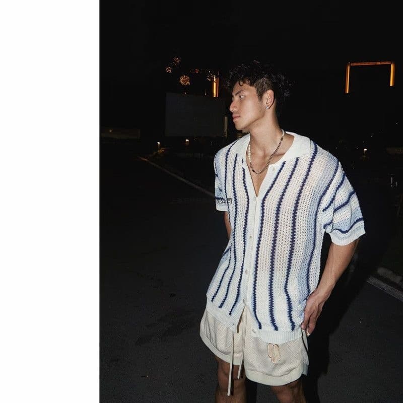 Korean-Style Retro Hollow-Out Color-Block Striped Short-Sleeve Shirt for Men, High-End Couple Polo Shirt, Outerwear Knit Shirt, Trendy