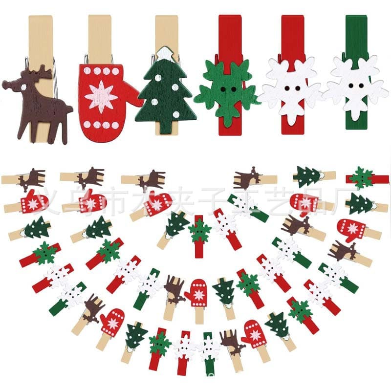 Wholesale Christmas Wooden Clips Colorful Wood Clips Hemp Rope Decorative Photo Clips Snowflake Christmas Eco-Friendly Cartoon Small Clips
