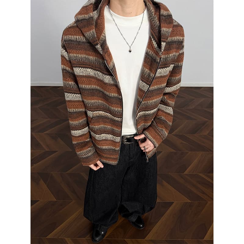 Hooded color-block stripe knitted cardigan sweatshirt jacket for men, loose oversized autumn/winter versatile trendy base layer top