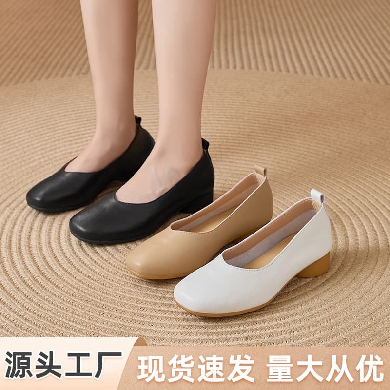 Genuine Leather Shallow Mouth Slip-On Shoes for Women, Soft Leather, Low Heel, Commuter, Versatile, Durable, Mother's Shoes, Chunky Heel