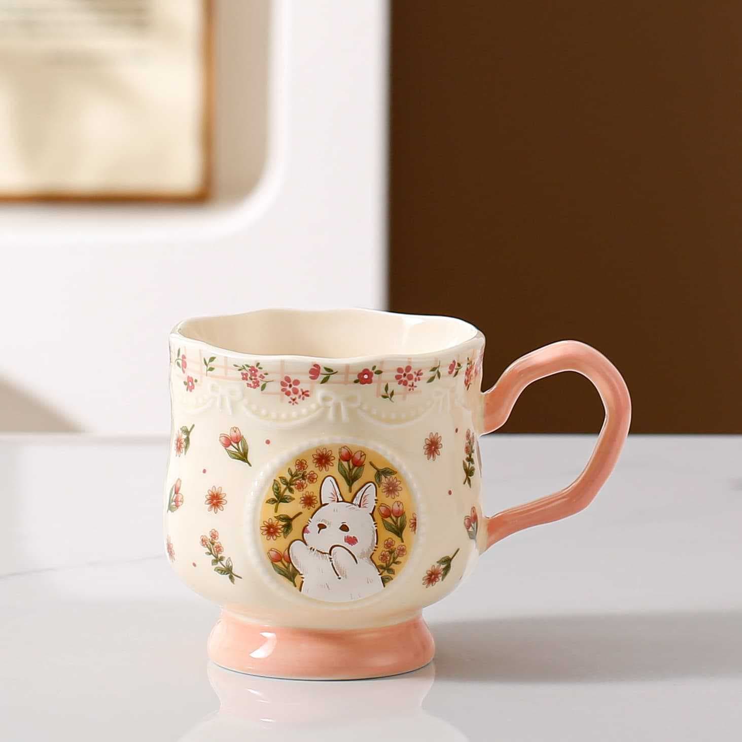High-Appearance Ceramic Rabbit in Flowers Stemmed Mug Souvenir Gift Office Water Cup Women's Birthday Gift Gift Box