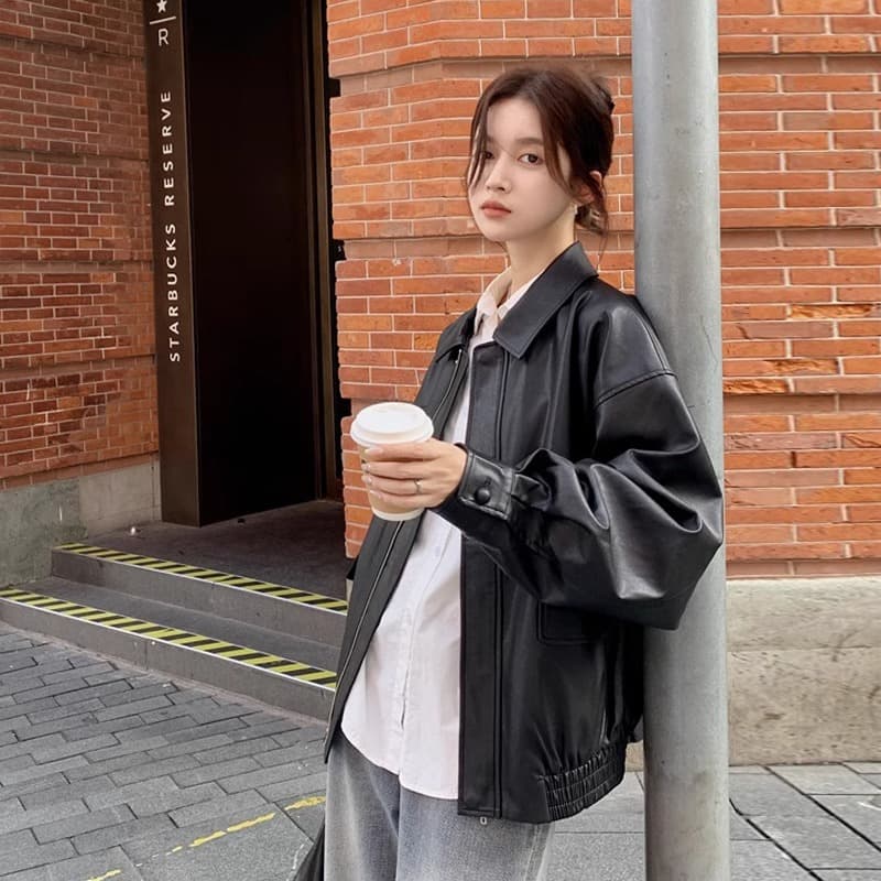 Black PU Leather Jacket for Women 2026 Spring Autumn Retro Loose Short Plus Size Motorcycle Coat