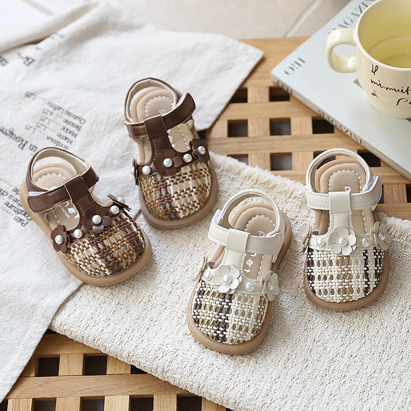 Girls Summer New Flower Woven Sandals Soft Sole Non-Slip Walking Shoes Korean Princess Shoes Baby Beach Shoes Trend