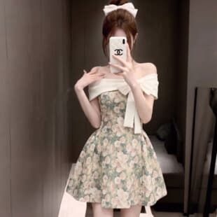 French Vintage One-Shoulder Floral Dress with Bow, Off-Shoulder, Waist-Cinching, Birthday Photogenic Princess Short Dress for Women Summer
