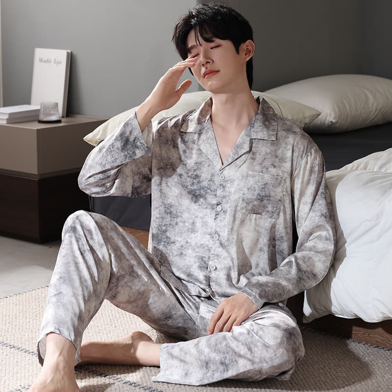 2025 New Spring and Autumn Ice Silk Couple Pajamas Women's High-End Thin Long Sleeve Lace Solid Color Homewear Men