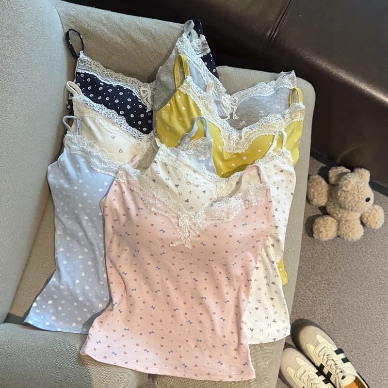 Lace Polka Dot Top with Built-in Pads Summer No-Bra Sweet Spicy Layering Vest Fitted Camisole