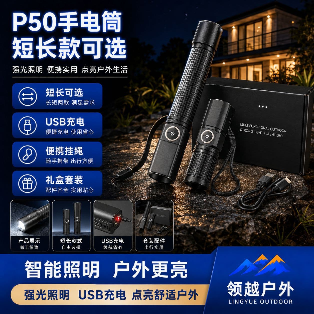 Wholesale Aluminum Alloy High-Power P50 Flashlight Home Gift Rechargeable LED Mini Flashlight TYPE-C Charging Lighting