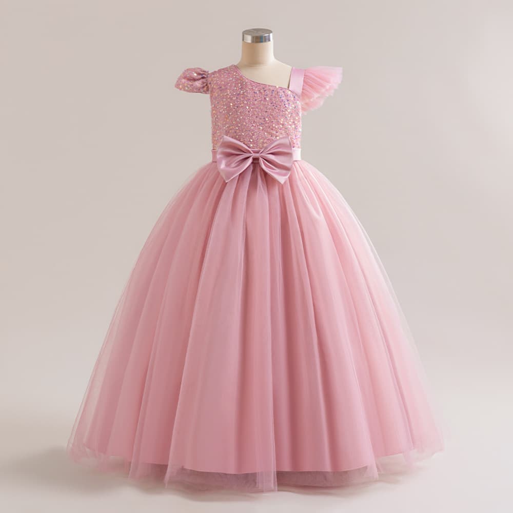 Princess Style Sequin Long Skirt with Butterfly Bow Waist Flared Skirt for Teenage Girls Party Dress European And American Style