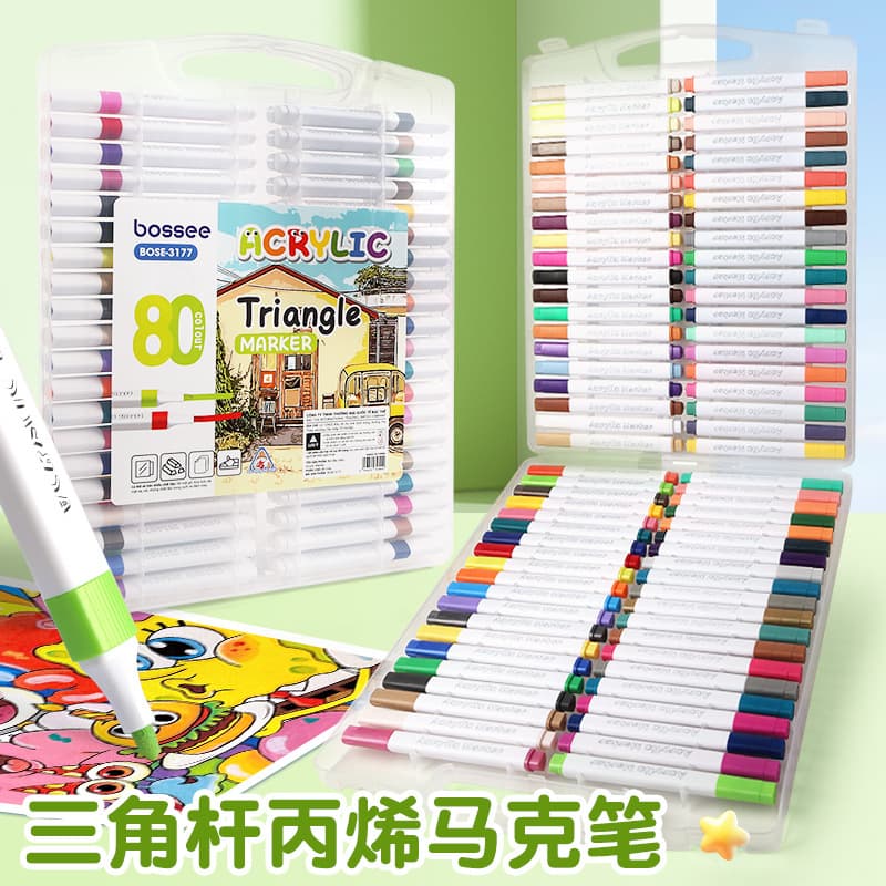Bossee Triangular Acrylic Markers, Hard Tip, Elementary School Art, Non-Bleeding Watercolor Pens, Blendable Colors, Washable