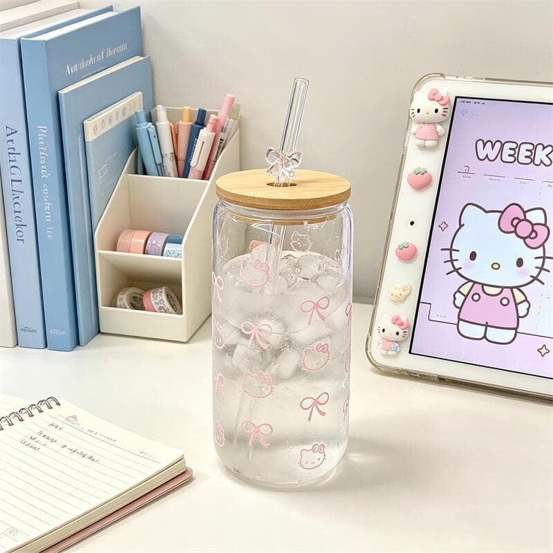 Ins-style high borosilicate cartoon cola can heat-resistant large-capacity straw juice glass milk tea cup with lid and bow
