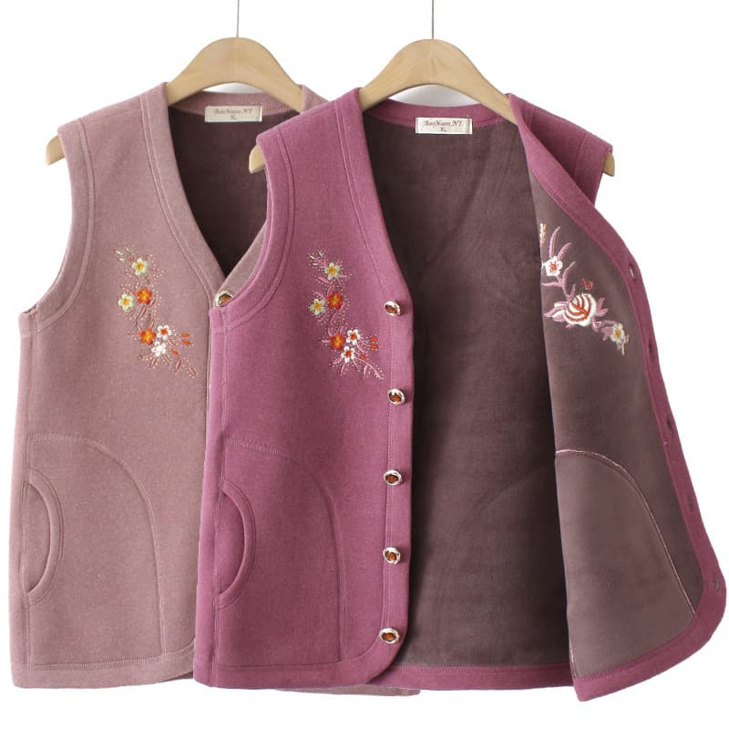 Middle-aged and elderly women's autumn and winter fleece-lined thick vest with embroidery, sleeveless waistcoat for warmth, mother's style.