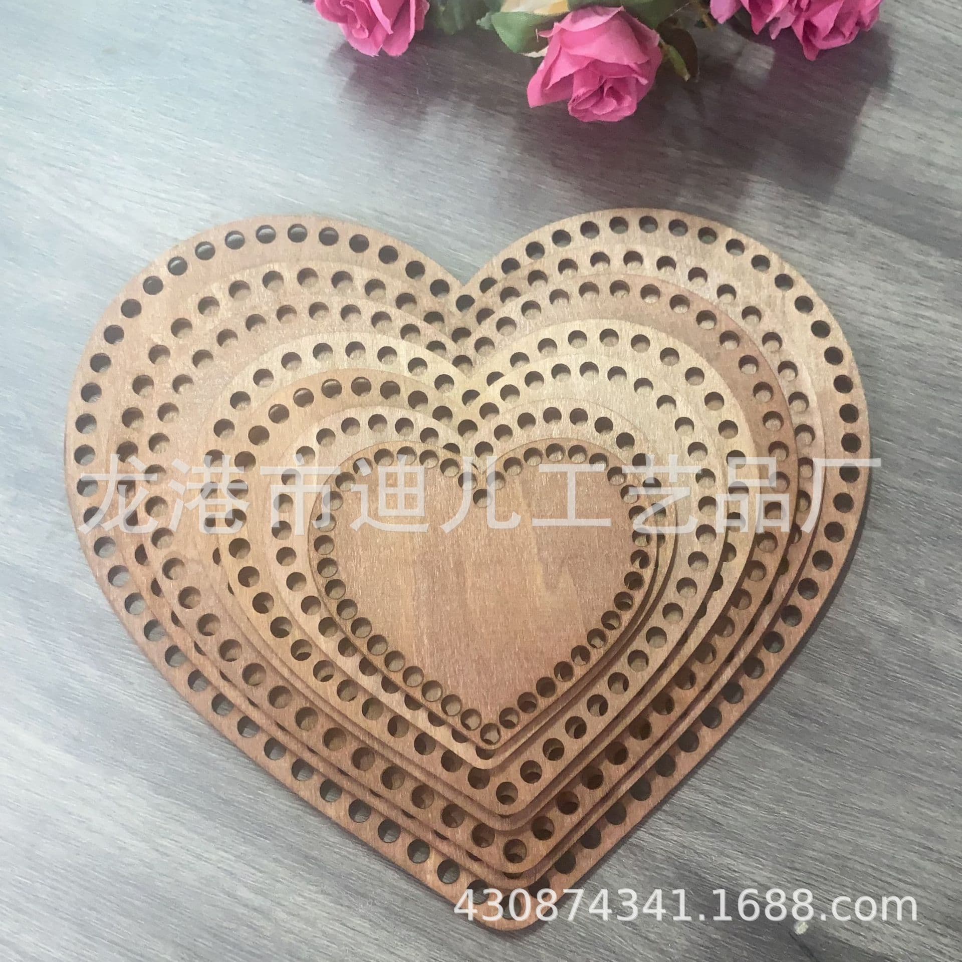 Labeled wooden brown dark wood basket base round crochet frame DIY knitted wool hole board