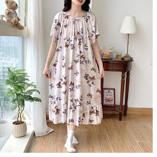 2026 New Women's Nightgown, Full Cotton Short Sleeve Dress, Round Neck Floral Sexy Long Dress, Wearable Outside