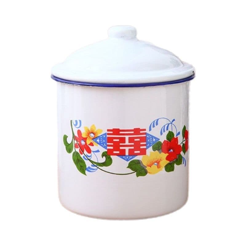 Classic vintage enamel mug, nostalgic tea mug with lid, large size, floral design, suitable for weddings.