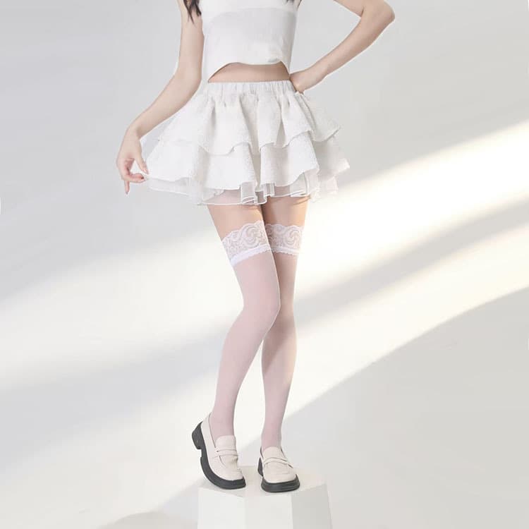 Sexy Pure White Lace Trim Long Stockings Summer Thin High Thigh Socks White Half Over-the-Knee Socks for Women