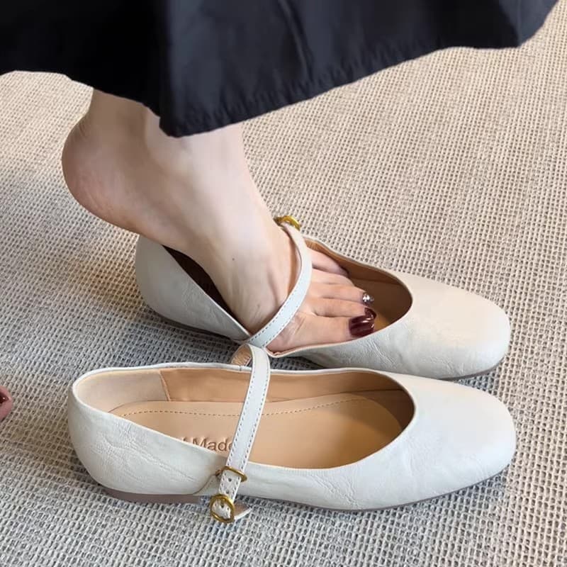 Sheepskin Version ~ Genuine Leather French Mary Jane Strap Flat Shoes for Women, New Style Soft Sole Leather Ballet Flats