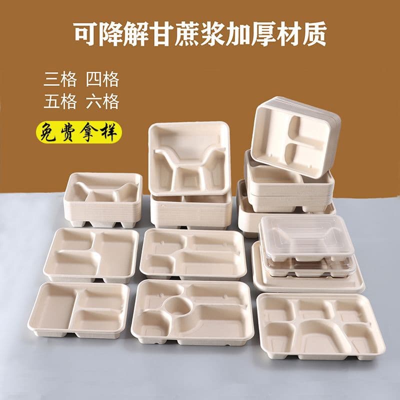 Disposable Biodegradable Canteen Meal Boxes, Exclusive Takeaway Packaging with Three, Four, Five, or Multiple Compartments for School Cafeterias