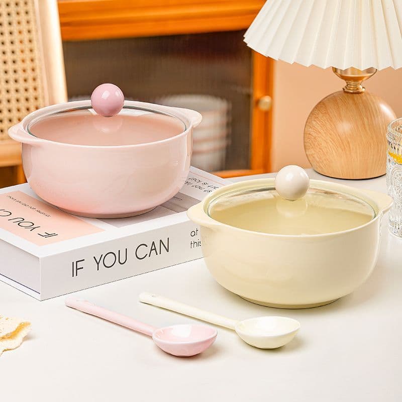 Ceramic Double-Handle Heat-Resistant Instant Noodle Bowl with Lid and Spoon, Cream Girl Solid Color Cute Underglaze Large Capacity Premium Choice