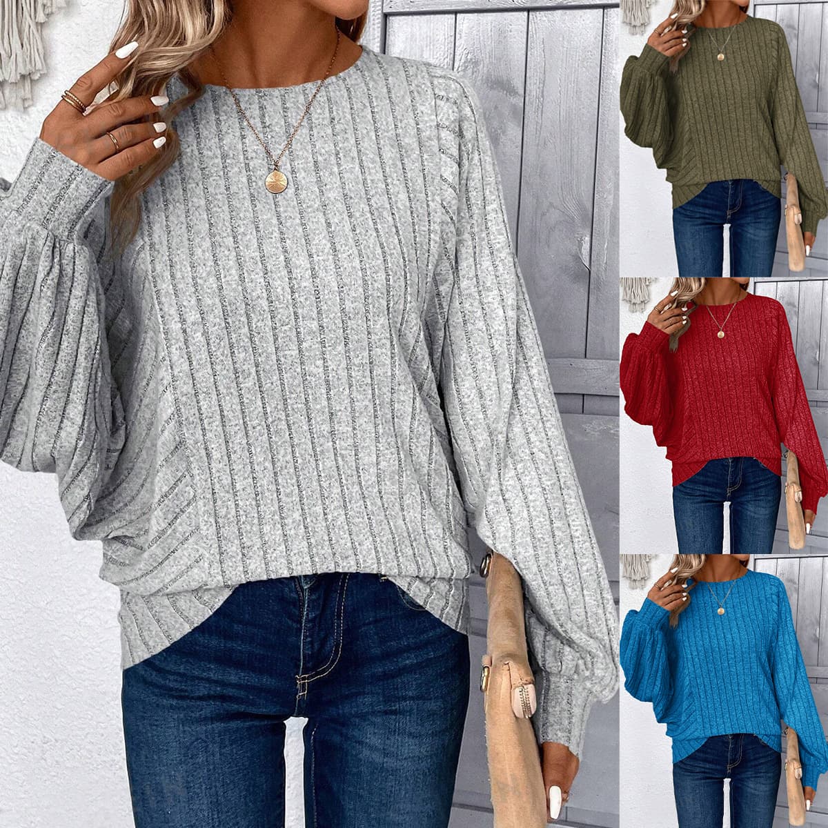 2025 Amazon Independent Store European and American Autumn/Winter Plus Size Women's Clothing Comfortable Casual Solid Color Chic Lantern Sleeve Top