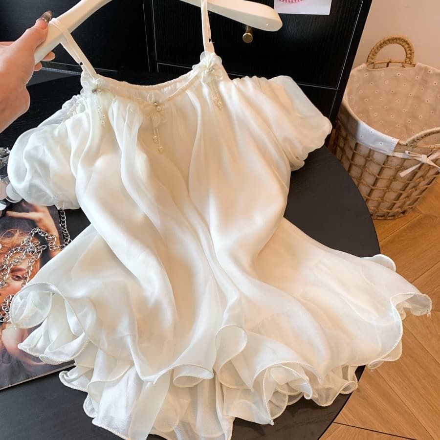 Real shot~Sweet hot girl three-dimensional flower suspender chiffon shirt for women summer style sexy off-shoulder super fairy top pink