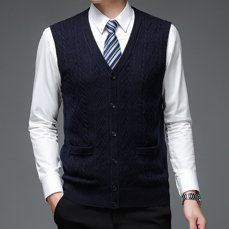 Collarless Single-Breasted Non-Hooded Fitted Wool Ordinary Daily Navy Blue Solid Color In Stock Men's Sweater Vest