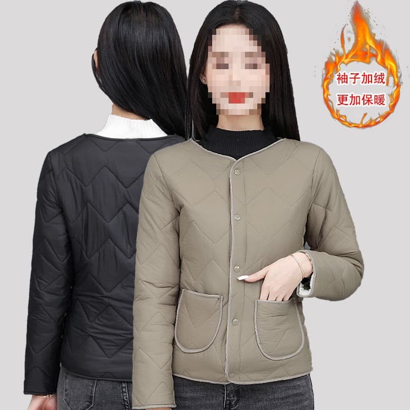 Winter padded down cotton jacket for women, short inner layer lightweight slim-fit cotton coat for middle-aged and elderly, plus-size fleece-lined warm outerwear