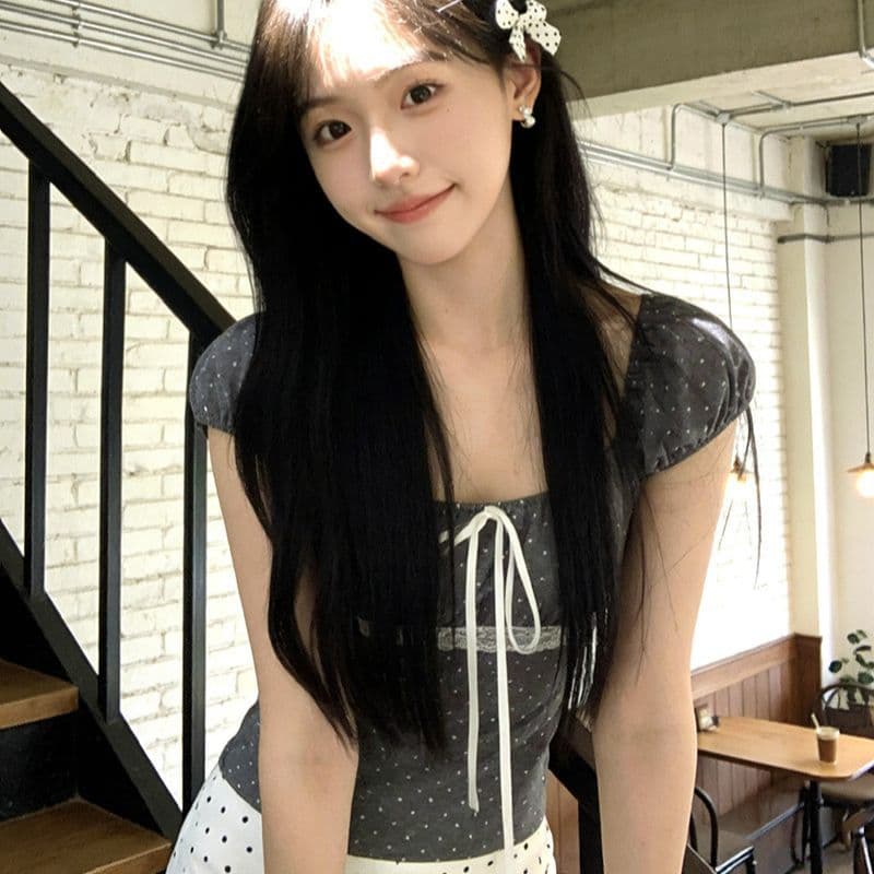 [Factory Stock] Sweet Style Lace Trim Polka Dot Tie T-Shirt for Women Summer New Youthful Bubble Sleeve Top