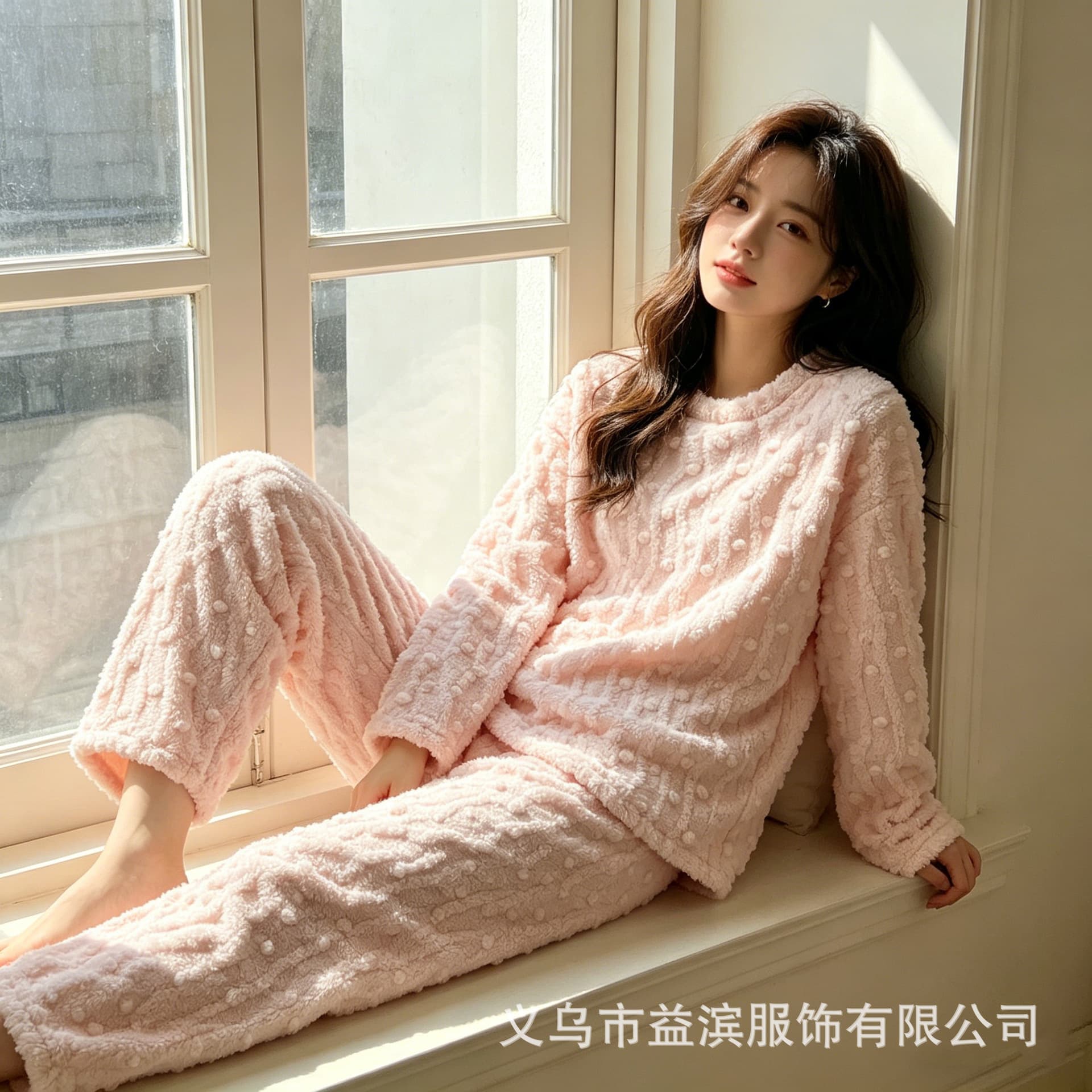 New Autumn/Winter Korean-Style Flannel Pajama Set for Women, Warm and Comfortable Solid Jacquard Round Neck Loungewear Two-Piece Set