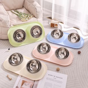 Pet Bowl Stainless Steel Dog Bowl Anti-Tip Double Cat Bowl Wholesale Slanted Neck-Protecting Cat Food Bowl Dog Dish Cat Dish