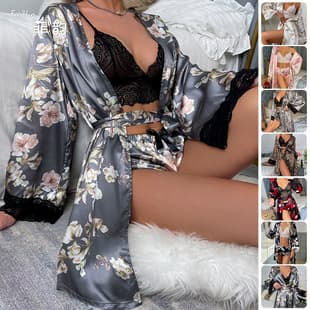 Amazon Hot Selling Autumn Women's Robe Sexy Lace Cardigan Homewear Bathrobe Sleepwear 389