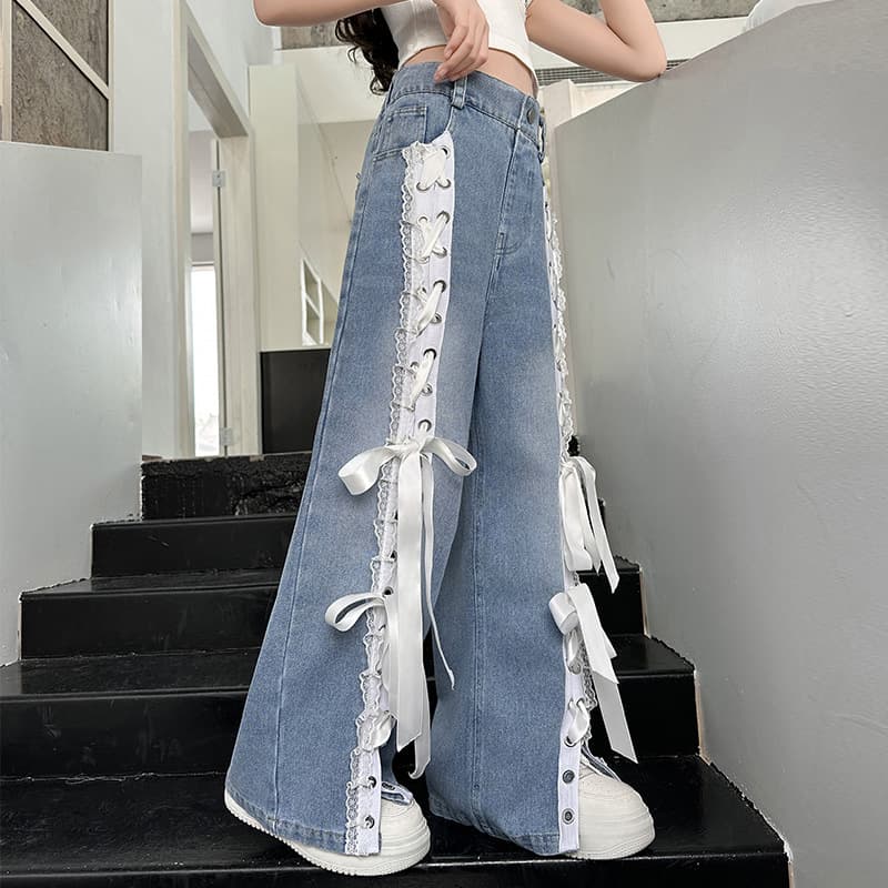 Girls' American Hot Girl Jeans 2026 Summer Style Medium and Large Children's Slit Strap Wide Leg Pants Lace Straight Pants Trousers