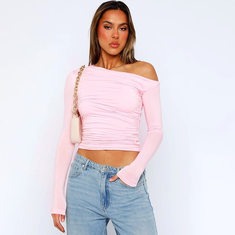 2026 European and American Cross-Border Women's Spring Ins Solid Color Off-Shoulder Long Sleeve Shirred Crop Top T-Shirt