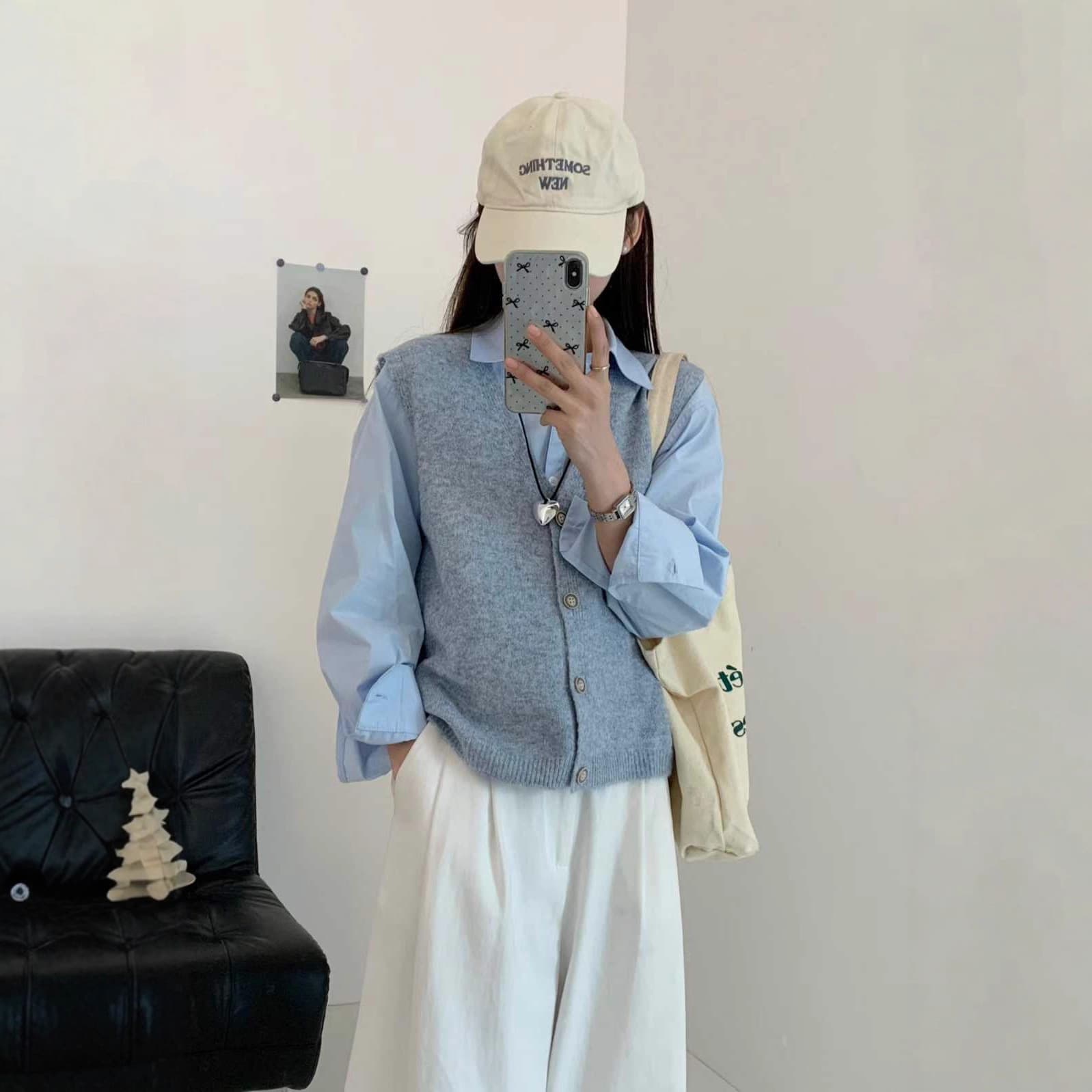 2025 Spring/Autumn New Gray Knit Cardigan Vest Women Loose Japanese/Korean Single-Breasted Sleeveless Sweater Coat