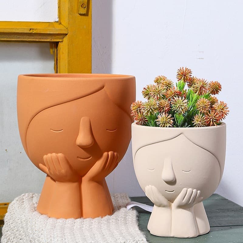 Ceramic Flower Pot Cartoon Cute Little Girl Abstract Figure Nordic Style with Tray for Pothos Fresh Flowers Creative Decoration
