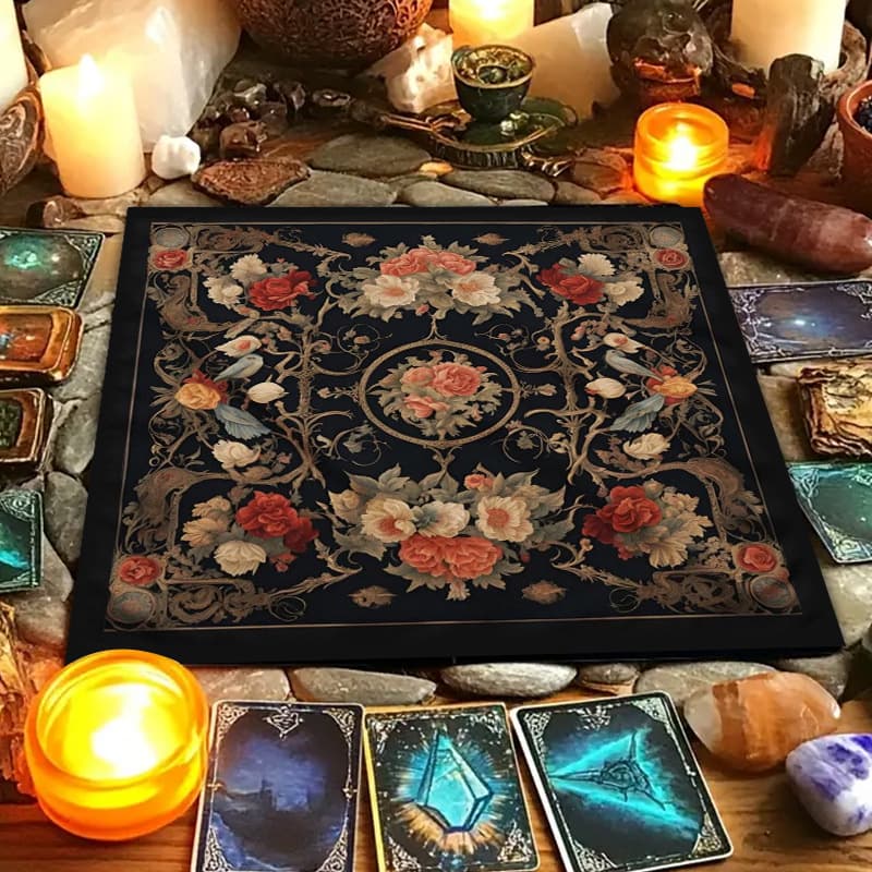 Cross-border hot selling retro flower rose altar cloth five-star tarot card black oracle mat tarot tablecloth cushion