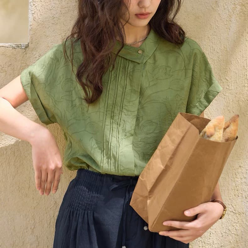 [New] soligther French Linen Jacquard Asymmetrical Lapel Short Sleeve Shirt for Women
