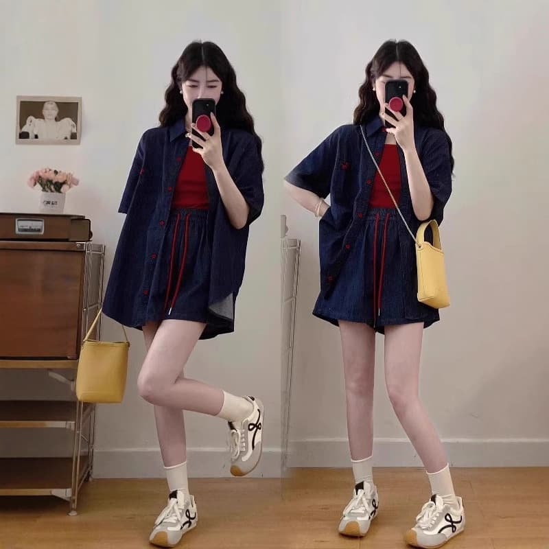 Plus Size Summer Outfit Salt System Vintage Thin Denim Jacket Shorts Two Piece Set Women's Fashion Polyester Fiber Street Style