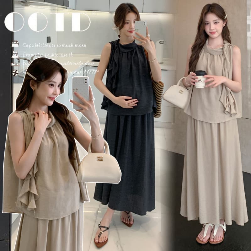 Real shot of Korean maternity wear, summer dress, casual and stylish maternity skirt, two-piece set, large size maternity suit, simple commuting