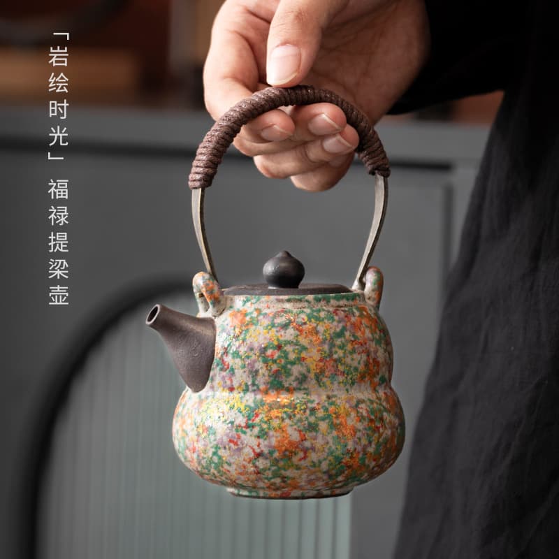 New Chinese-style Rock-painted Time Fu Lu Hanging Handle Teapot Antique Tea Pot Vintage Tea Maker Home Hemp Rope Tea Ceremony Accessory