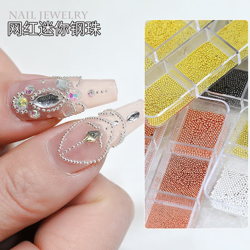 Wholesale mini small steel ball nail art accessories diy mixed small metal ball nail accessories 6 grid box decoration