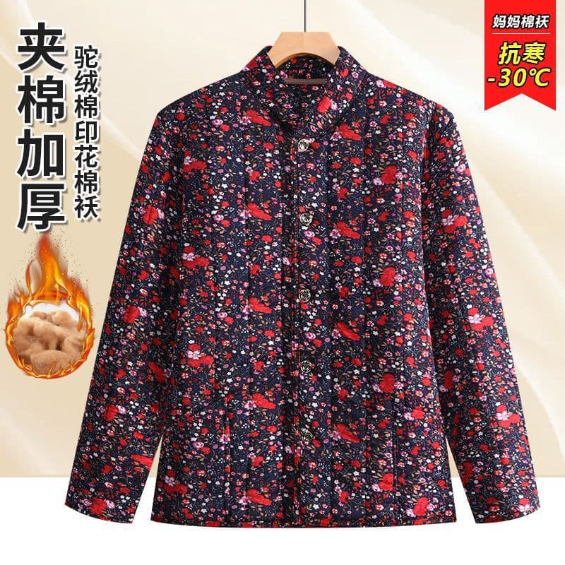 Middle-Aged and Elderly Mothers Floral Cotton Jacket Stand Collar Floral Print Warm Outer Wear Winter Plus Size Camel Wool Cotton Coat Wholesale Thick Warm Style
