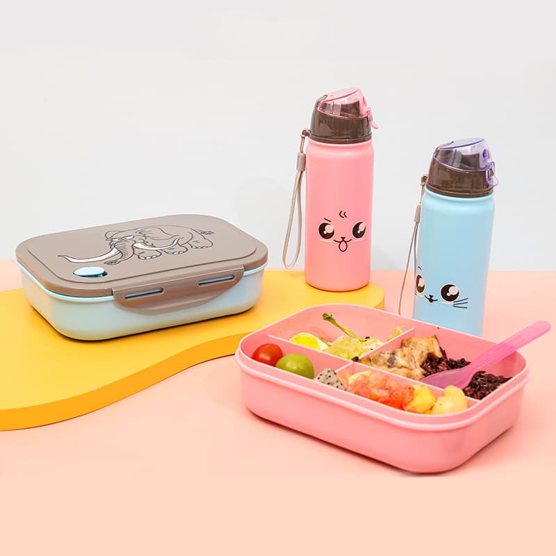 Cartoon Kids Lunch Bento Box with Water Bottle, 4-Compartment Plastic Lunch Box and Cup Set, Microwave-Safe Meal Container