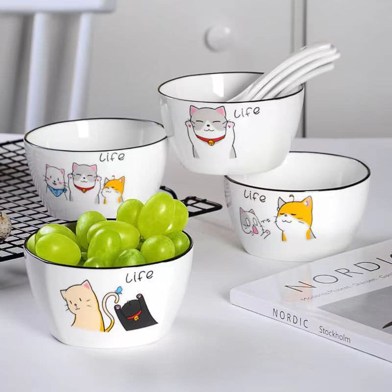 4.5-Inch Cute Cat Cartoon Square Bowls, Set of 4, Personalized European-Style Home Salad Bowls and Rice Bowls