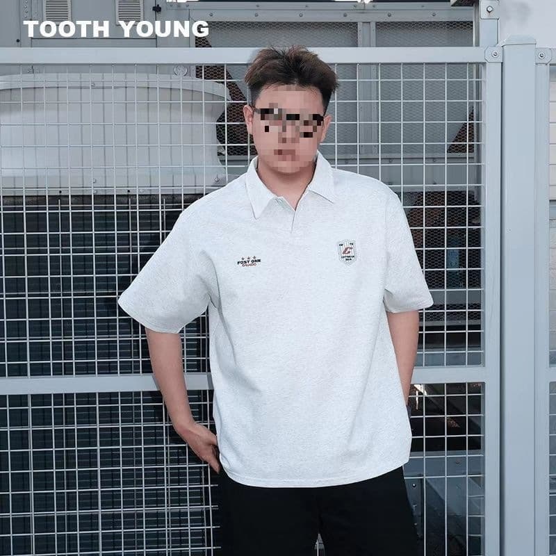TOOTH YOUNG Zheng Yi Ai Style [Campus Polo Shirt] 260g Summer Embroidered Letter Men's Loose Casual