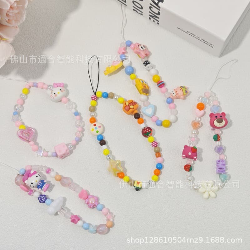 Cartoon Hello Kitty Bracelet Strawberry Bear SpongeBob Phone Chain Phone Charm Handmade Beaded DIY Bracelet Accessories