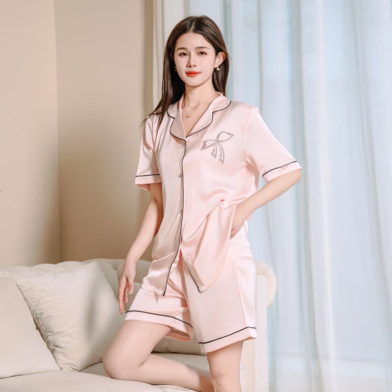 Spring Summer Ice Silk Sleepwear Women's Short Sleeve Shorts Home Clothes Set Comfortable Breathable Casual Style Butterfly Knot