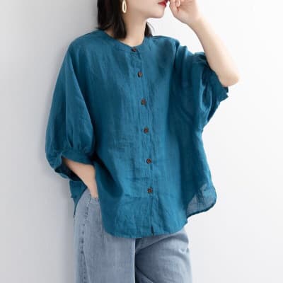 2026 Summer New Linen-Cotton Shirt for Women, Lantern Sleeve Retro Artistic Top, Loose Medium Sleeve Plus Size Blouse