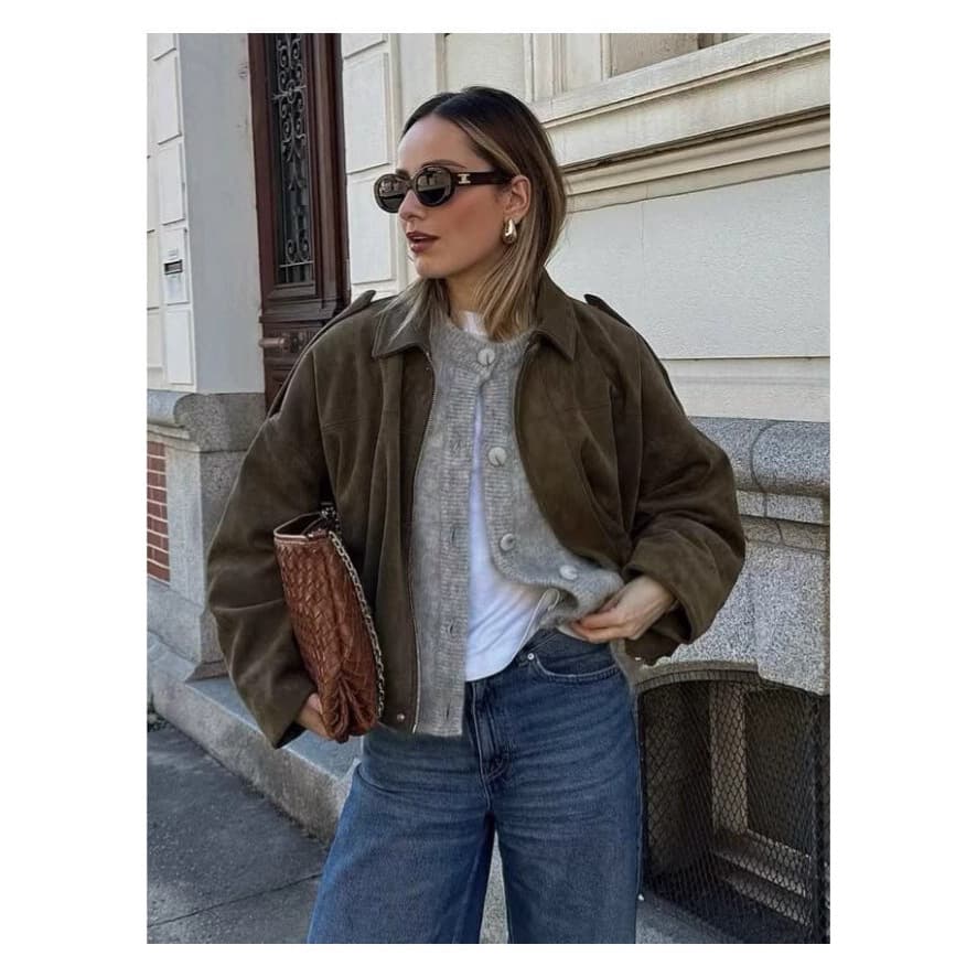 European and American Cross-border Women's Fashion 2025 Early Spring New Arrival Suede Texture Bomber Jacket Top